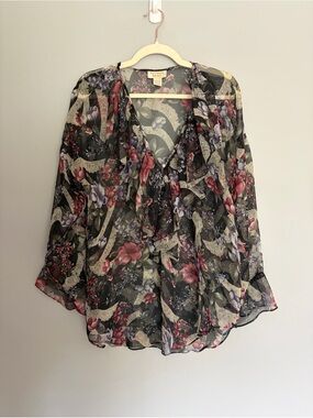 Vtg Victoria’s Secret Gold Label Sheer Top Oversized S Floral Ruffle Romantic